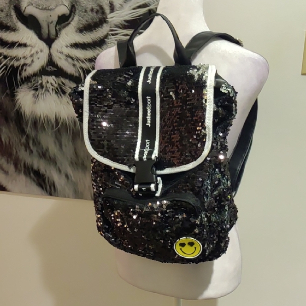 Black Sequin Backpack With Smiley Patch - image 1